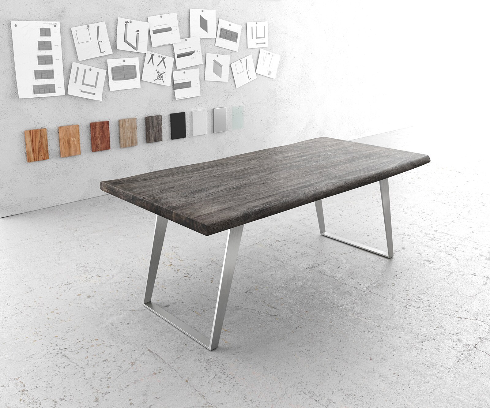 Esstisch Edge 200x100cm XL Akazie Platin Edelstahl Silber schräg Live-Edge 1