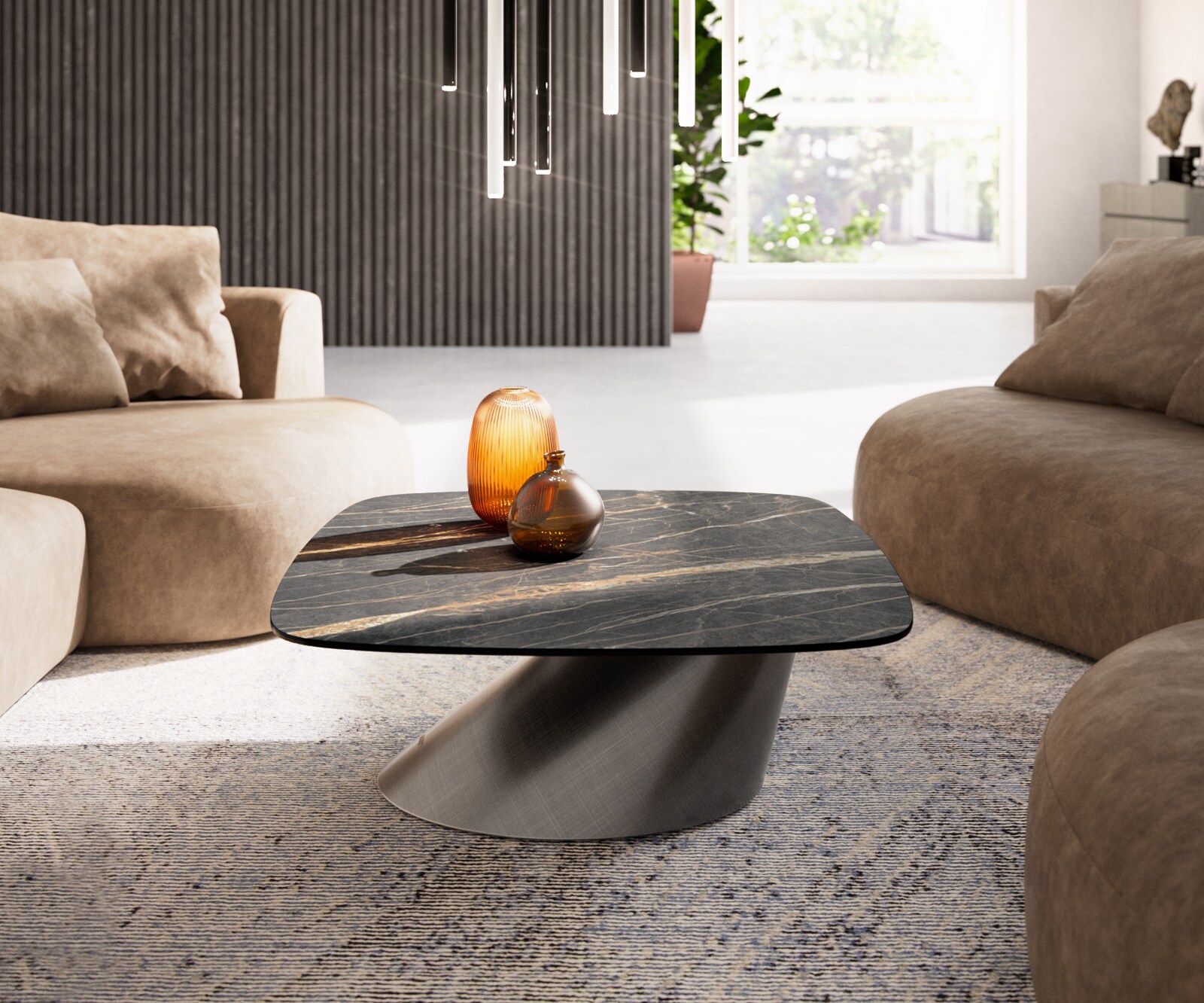 Couchtisch Edge Boot 90x90 cm Keramik Laminam® Noir Desir Braun Conis Metallic Silber 2