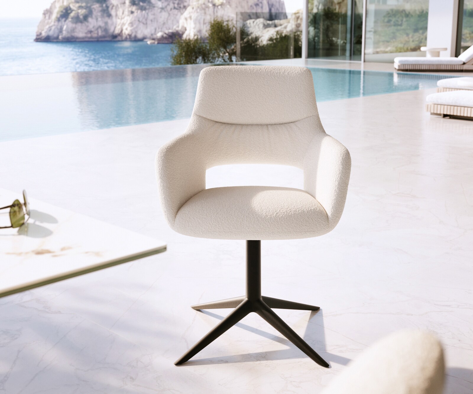 Chaise-d'extérieur Yago-Flex avec accoudoirs bouclé blanc pied de chaise 4 branches noir pivotement sur 360° fonction bascule 1