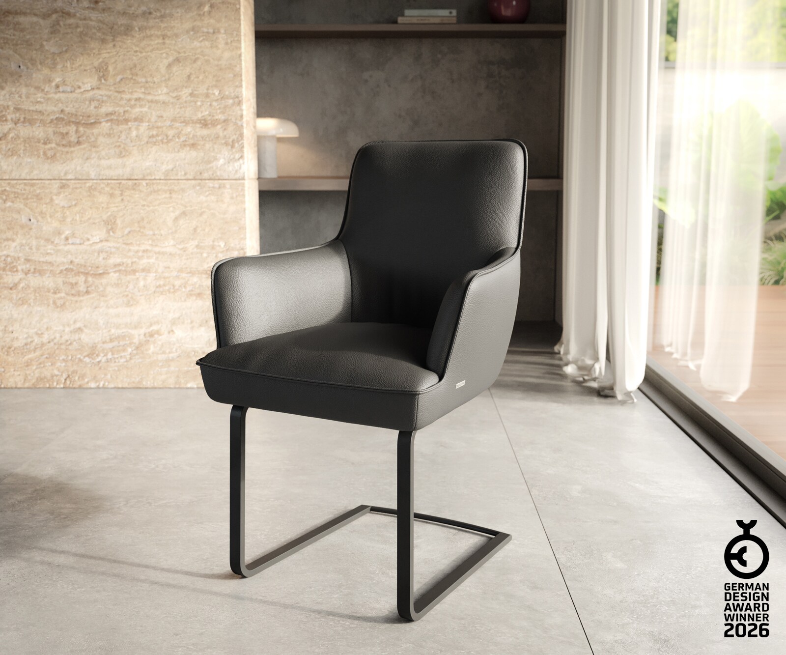 Cantilever Heira-Flex avec accoudoirs cuir de vache noir pied cantilever plat noir ressorts ensachés