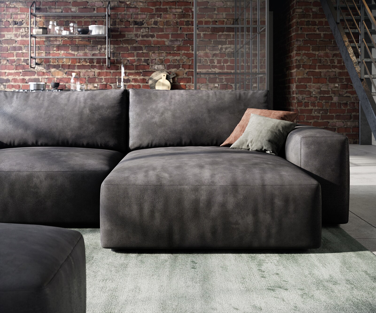 Ecksofa Lanzo 230x155 cm Lederimitat Vintage Anthrazit Recamiere variabel mit Hocker 5