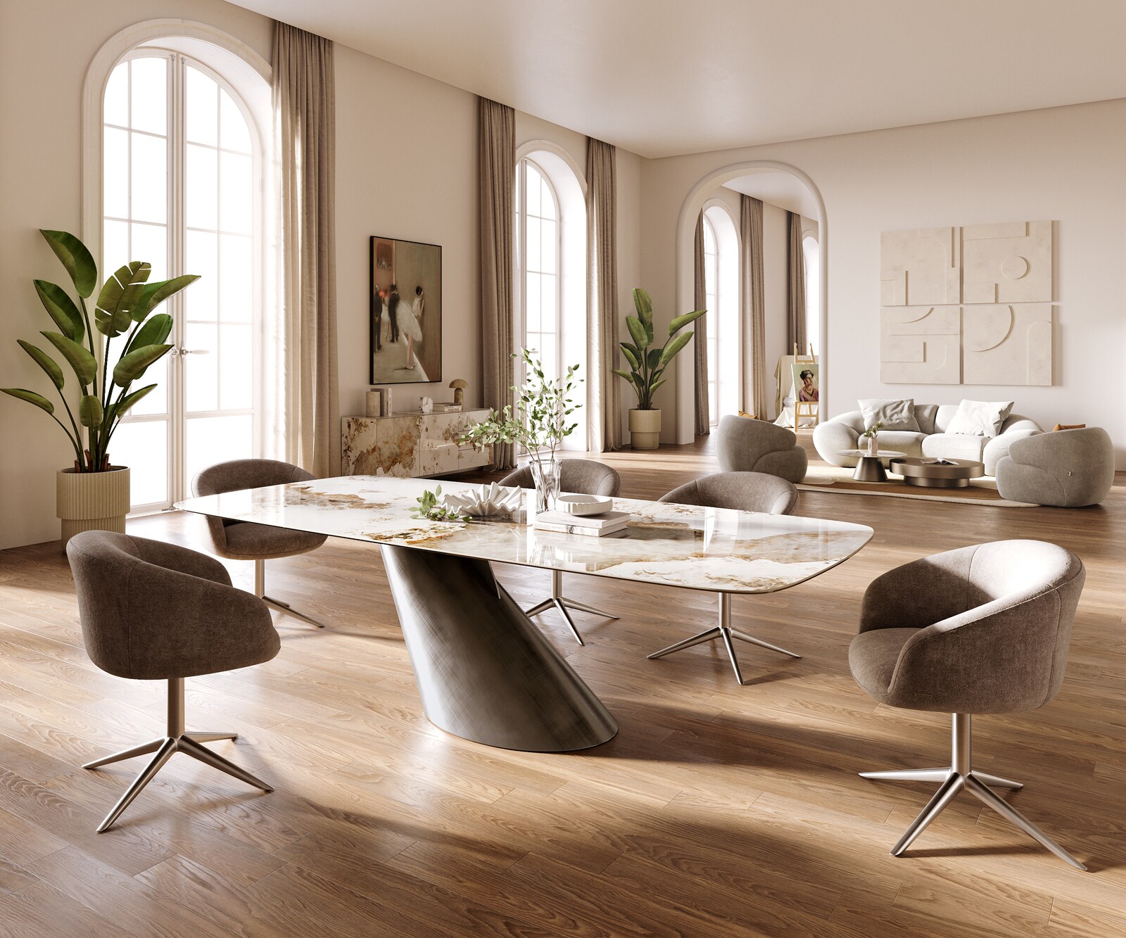 Table à manger Edge Boot 260x120 cm Céramique Minas Melange Blanc-Beige Cono Métalic Argent 5