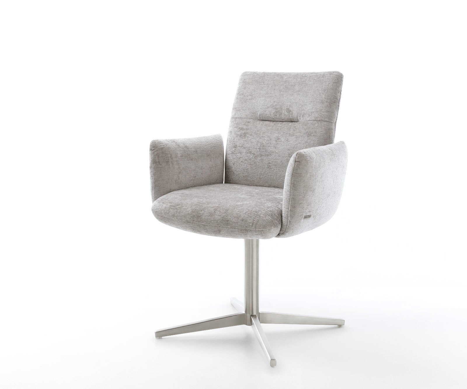 Chaise-pivotante Jova-Flex avec accoudoirs chenille gris argenté pied de chaise 4 branches acier inoxydable brossé pivotement sur 360° ressorts ensachés