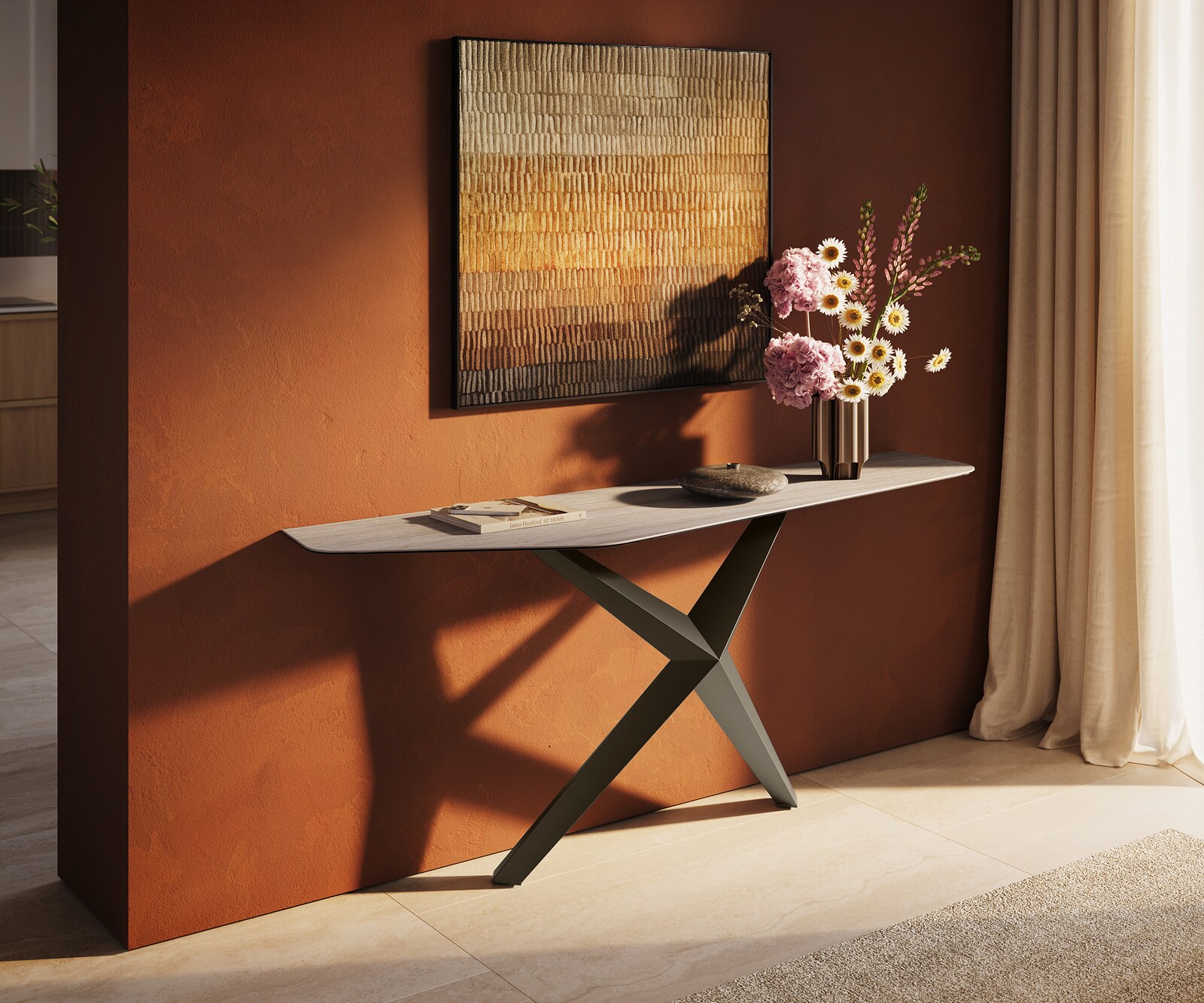 Console Edge Polygonal 180x50 cm Céramique Laminam® Travertino Bianco Creme-Weiß Zentharo Métal Effektfinish Titan 3