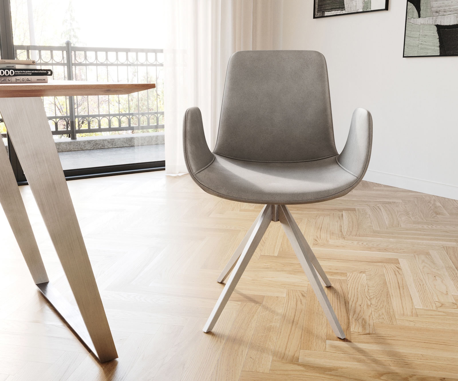 Esszimmerstuhl Ilia-Flex mit Armlehnen Samt Grau Kreuzgestell kantig Edelstahl 1 Esszimmerstuhl Ilia-Flex mit Armlehnen Samt Grau Kreuzgestell kantig Edelstahl 1