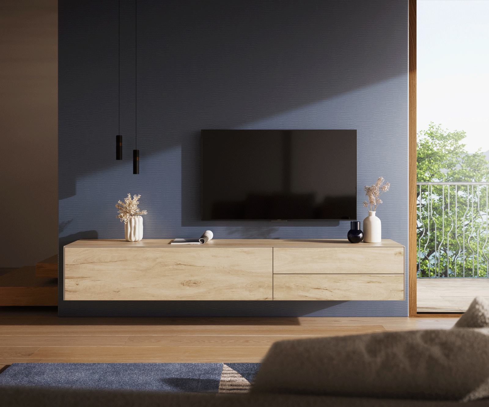 Meuble-TV Cuor 220 cm Céramique Laminam® Sabbia Teinte chêne 1 Clapet 2 Tiroirs Flottant 1