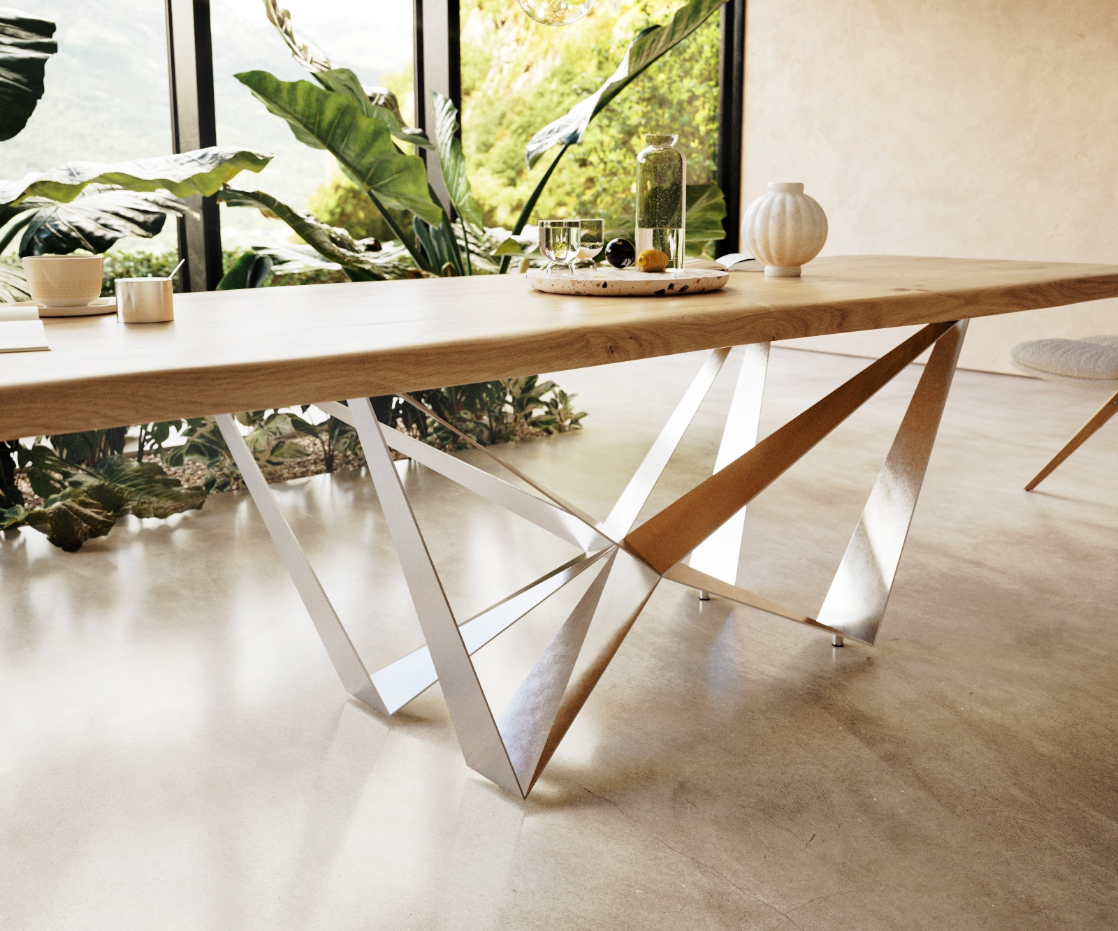 Esstisch Edge 300x100 Eiche Natur Spider Flachstahl Edelstahl Live-Edge 5