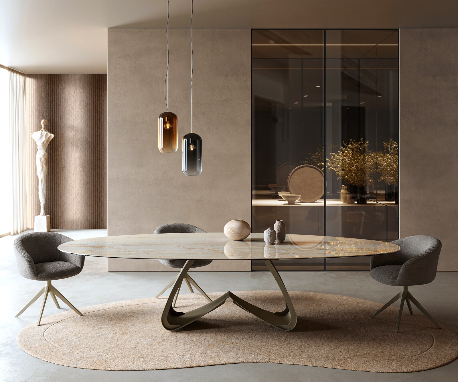 Table à manger Edge Oval 315x150 cm Céramique Iris FMG Onice Oro piètement en W Métal Finition effet Titan 1