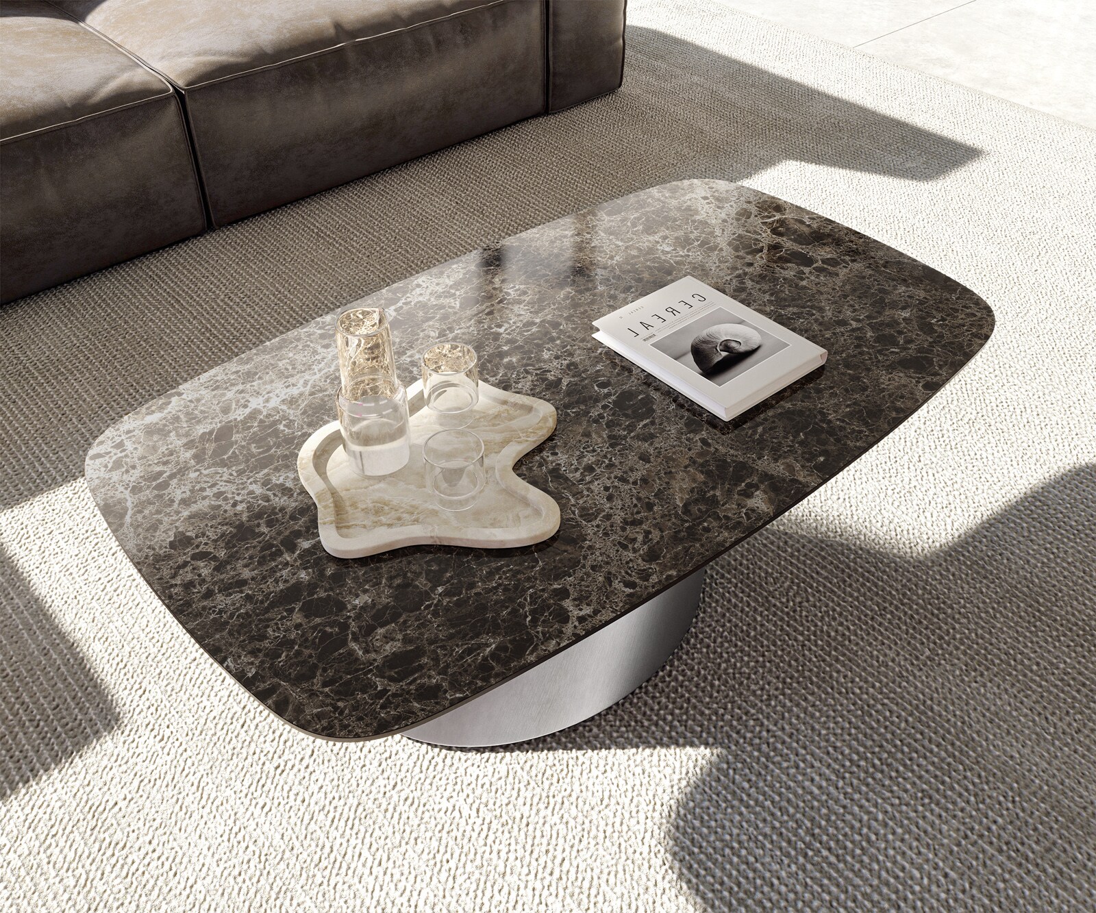 Couchtisch Edge Boot 120x70 cm Keramik Laminam® Emperador Extra Lucidato Dunkelbraun Conis Edelstahl gebürstet 4