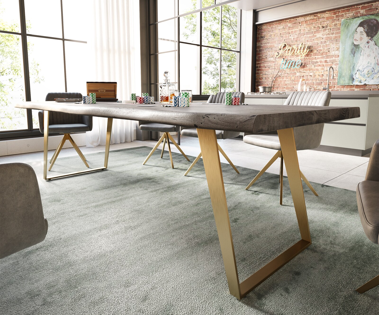 Esstisch Edge 260x100 XL Akazie Platin Edelstahl Gold Schräg Live-Edge 4