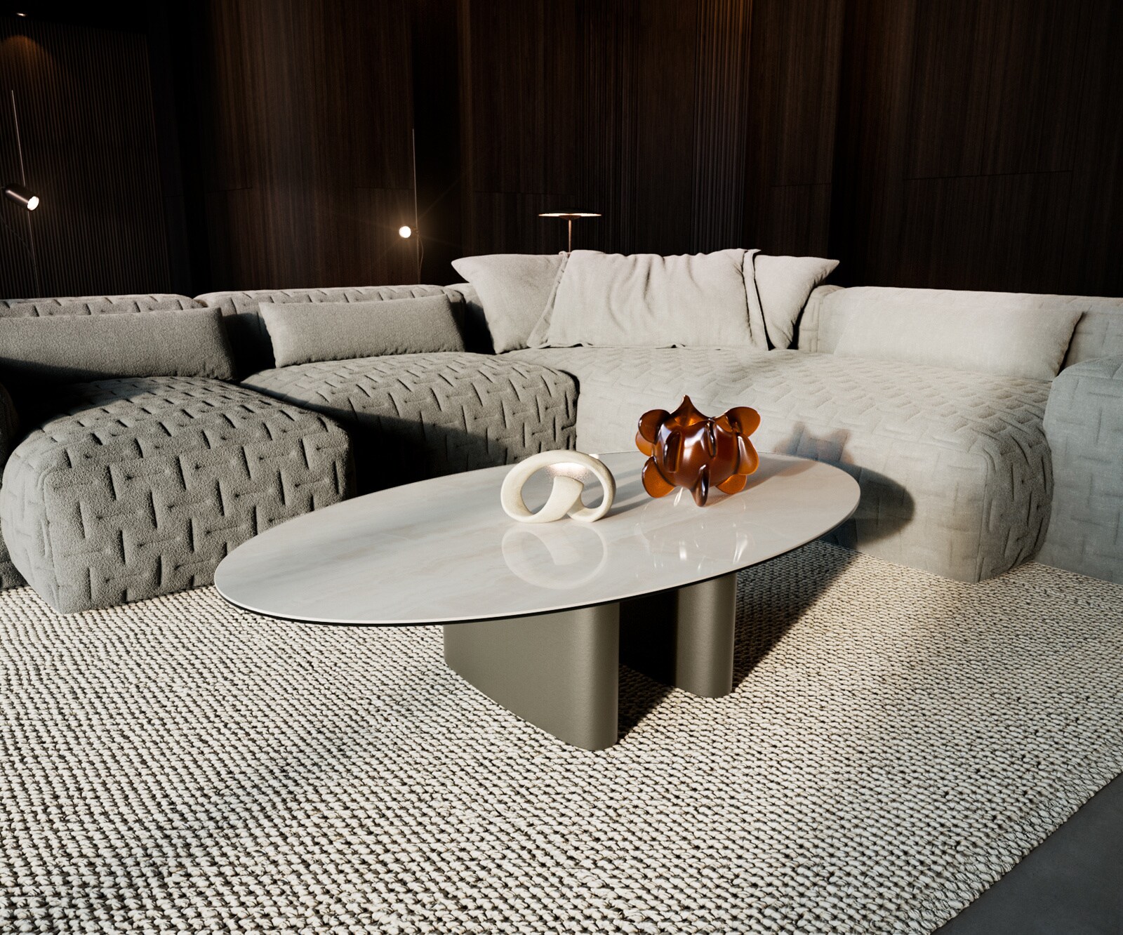 Table basse Edge ovale 140x80 cm céramique Onyx Champagne Ovada finition effet titane