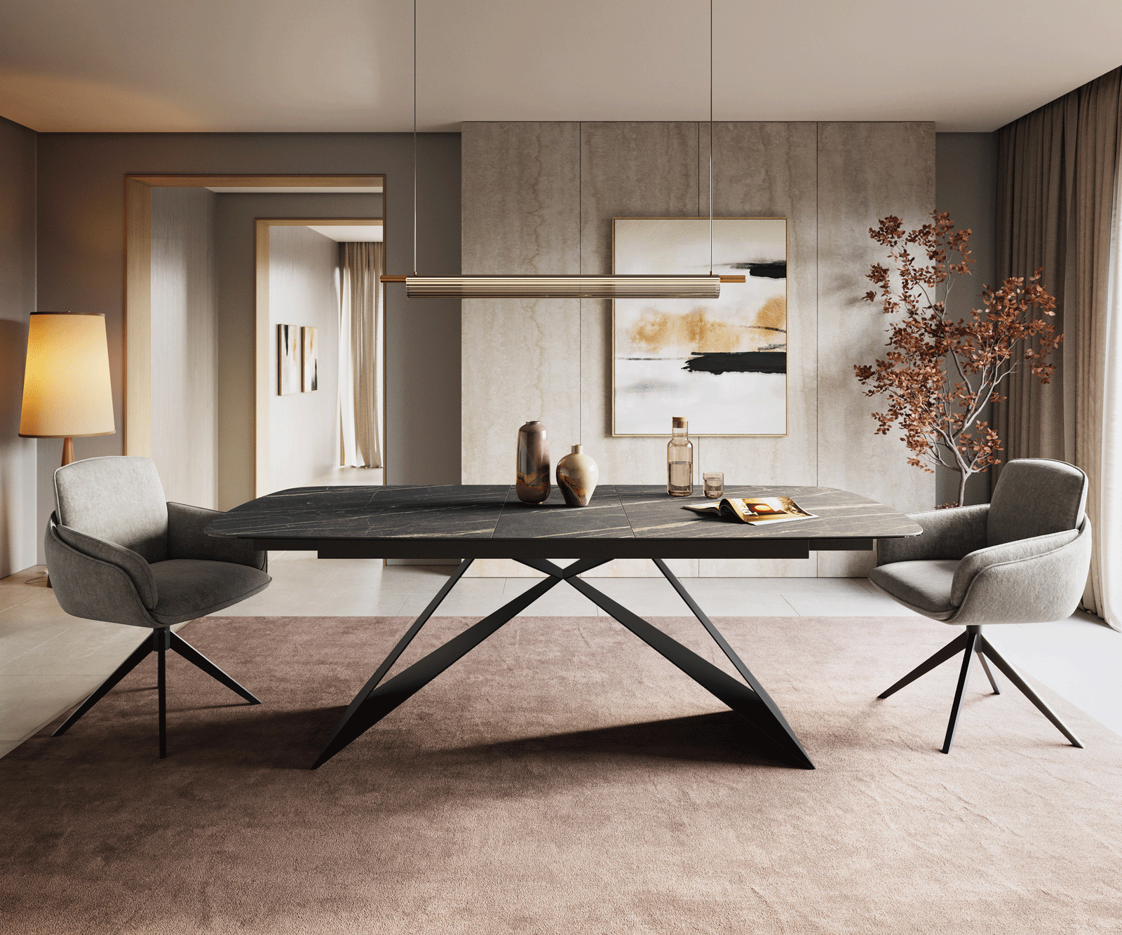 Esstisch Edge Boot 180-220x100 cm Laminam® Keramik Noir Desir Braun V-Gestell Flachstahl Schwarz ausziehbar 1