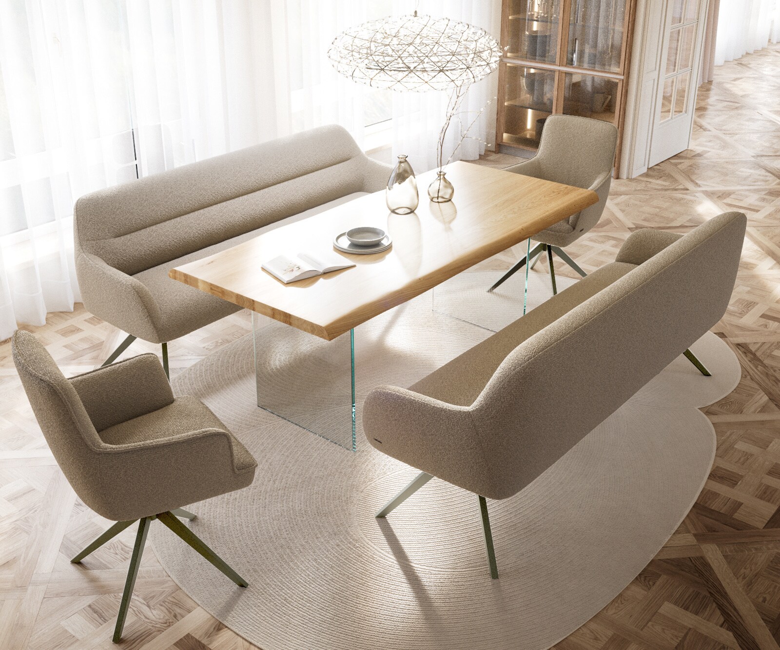 Esszimmerbank Taya-Flex 200 cm Bouclé Schlamm Kreuzgestell kantig Effektfinish Titan Taschenfederkern 3