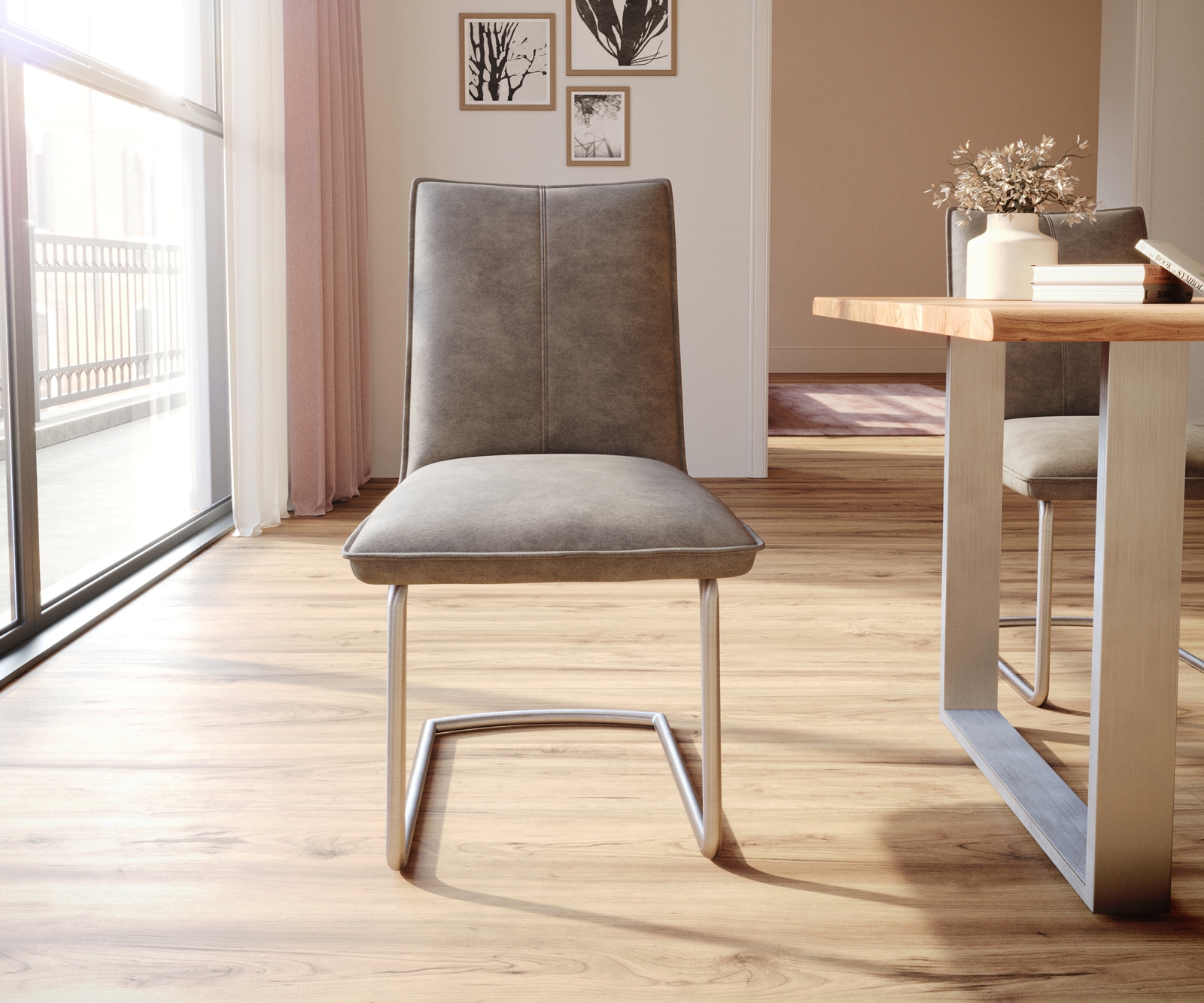 Cantilever Lelio-Flex microvelours taupe vintage pied cantilever rond acier inoxydable brossé ressorts ensachés 2