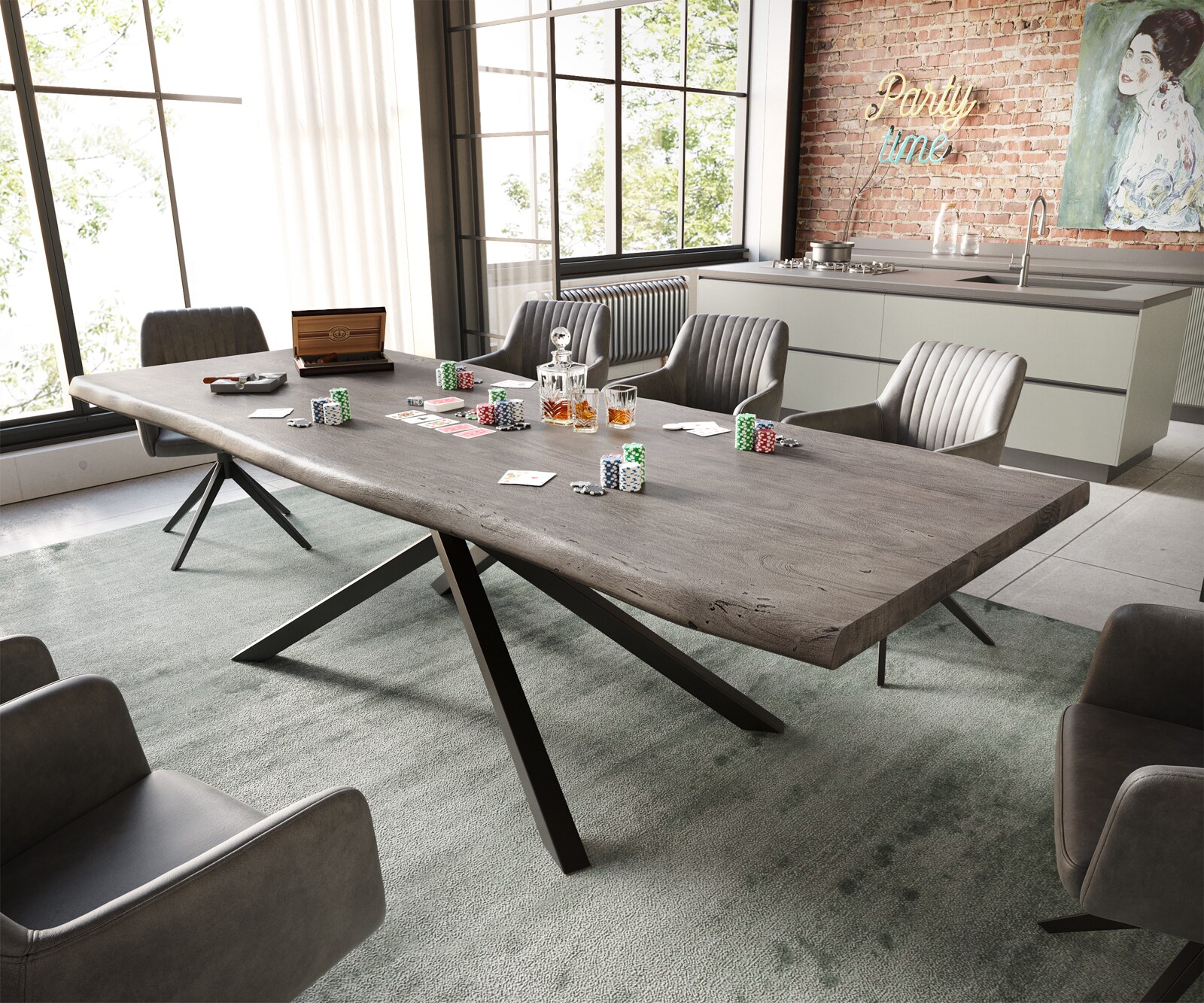 Esstisch Edge 260x100 XL Akazie Platin Kreuzgestell Rechteck Schwarz Live-Edge 1