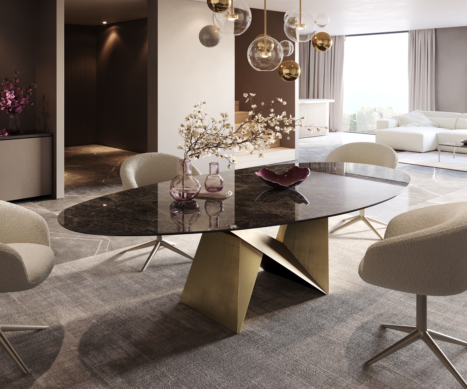 Esstisch Edge Oval 280x130 Keramik Laminam® Emperador Extra Lucidato Dunkelbraun Origami Metallic Gold