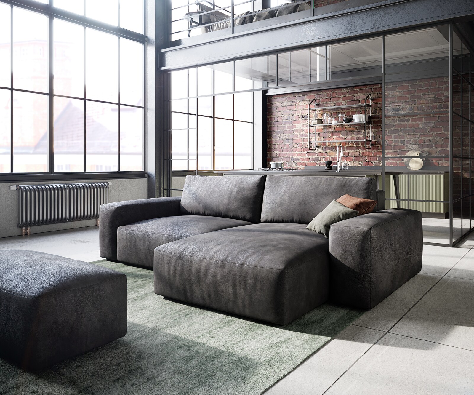 Canapé d’angle Lanzo 230x155 cm similicuir vintage anthracite méridienne réversible avec pouf