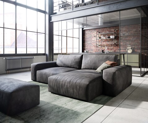 Ecksofa Lanzo 230x155 cm Lederimitat Vintage Anthrazit Recamiere variabel mit Hocker
