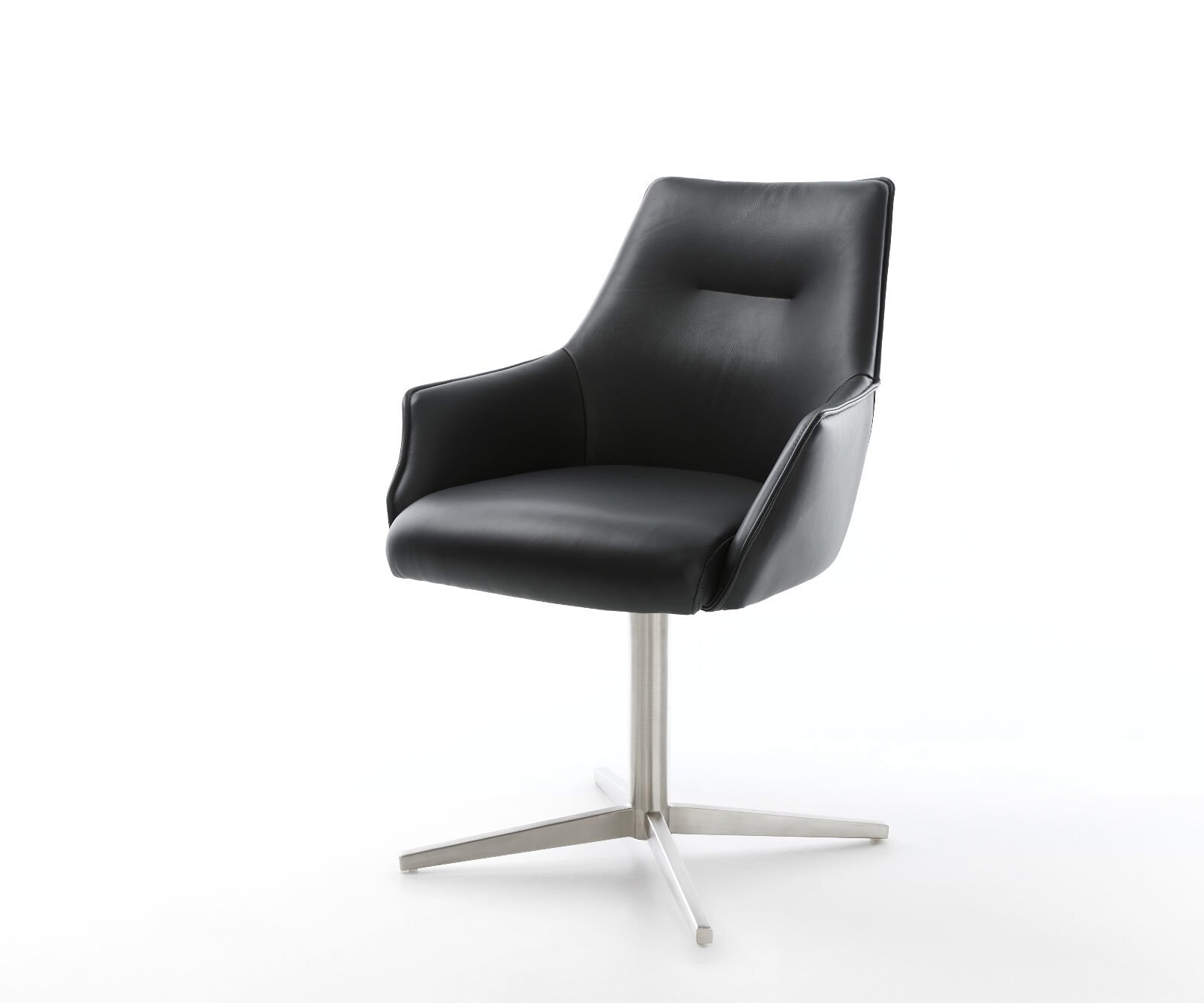 Chaise-pivotante Alja-Flex avec accoudoirs cuir de vache noir pied de chaise 4 branches acier inoxydable brossé pivotement sur 360° ressorts ensachés
