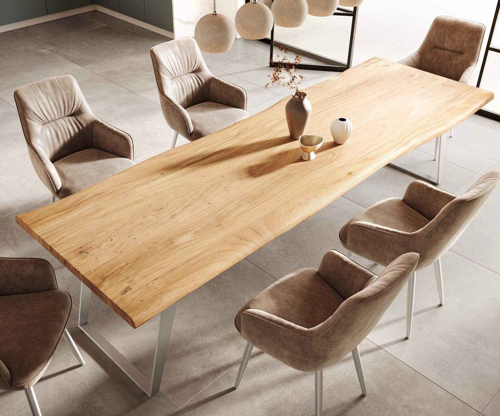 Table-à-manger Edge 300x100cm acacia nature acier inoxydable argent incliné Live-Edge 5