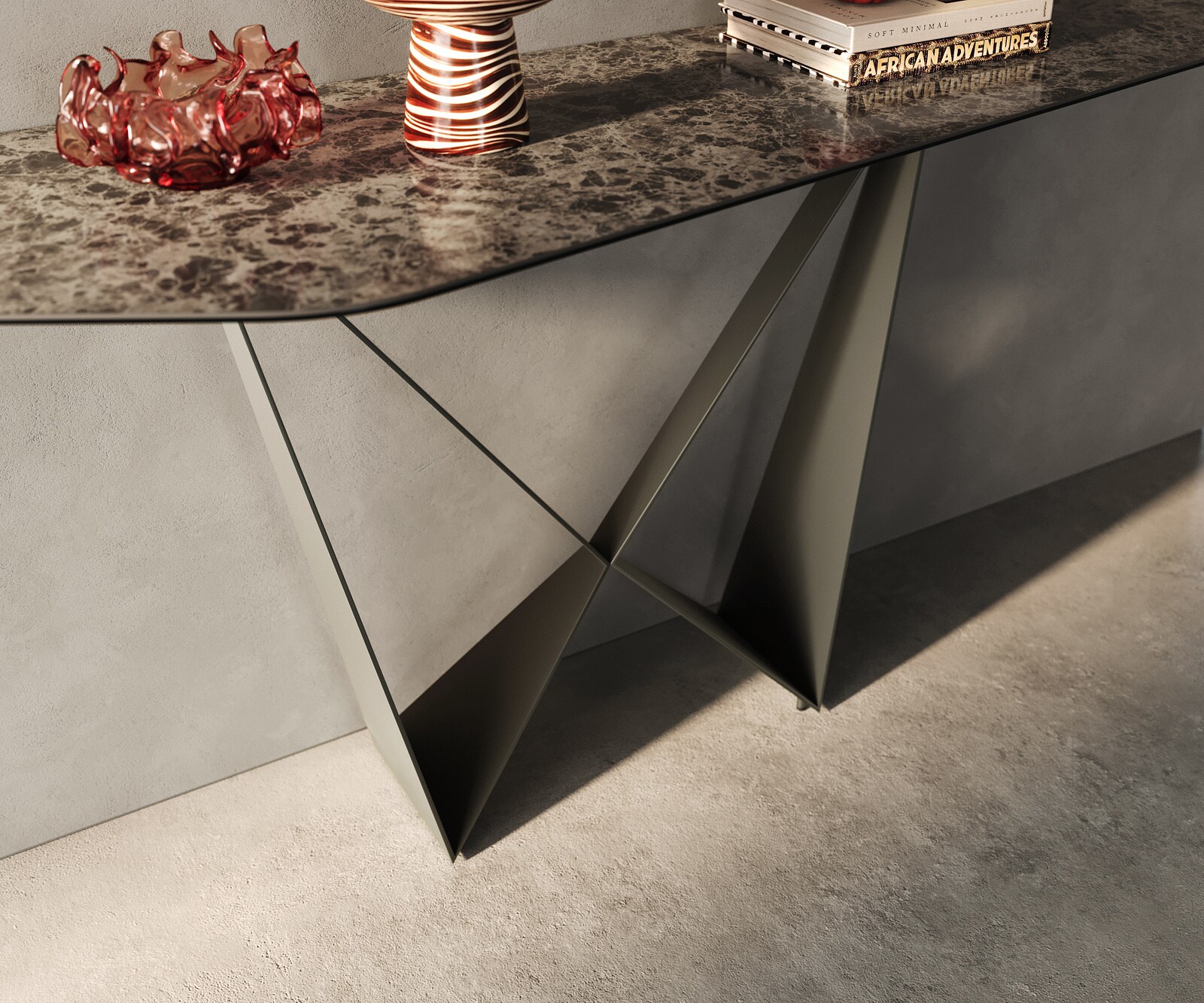 Console Edge Polygonal 180x50 cm Céramique Emperador Extra Lucidato Dunkelbraun Spios Métal Effektfinish Titan 5