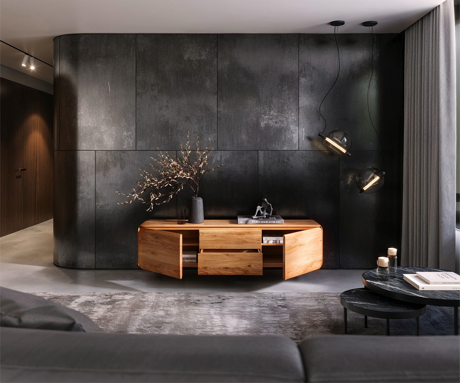 Meuble-TV Shavani 175 cm acacia naturel 2 portes 2 tiroirs flottant 4