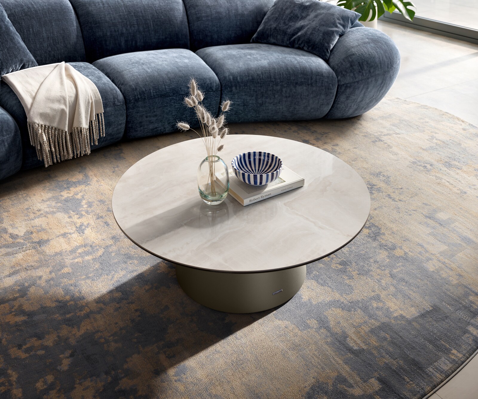 Table basse Edge ronde 90x90 cm céramique Onyx Champagne Borna finition effet titane 4