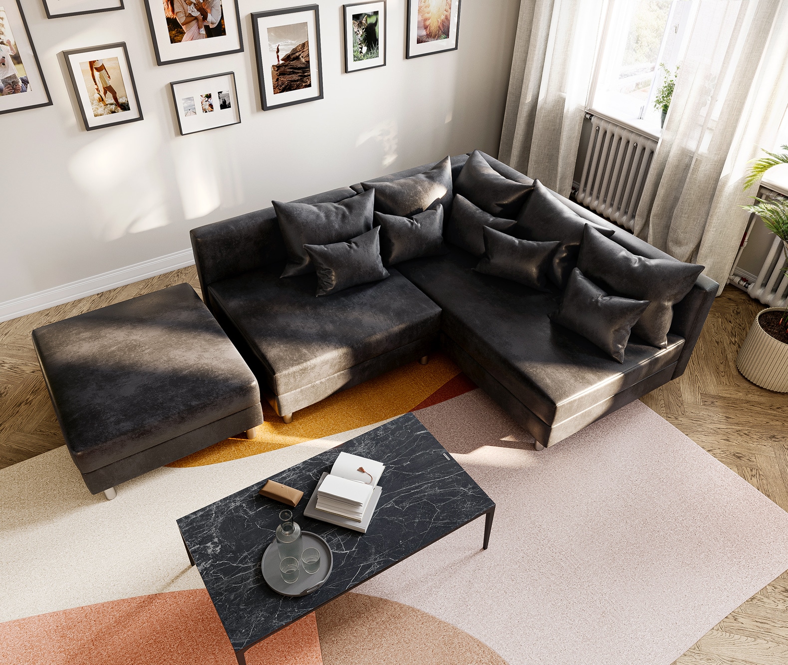 Canapé Clovis anthracite antique optique tabouret ottoman droit 3 Canapé Clovis anthracite antique optique tabouret ottoman droit 3