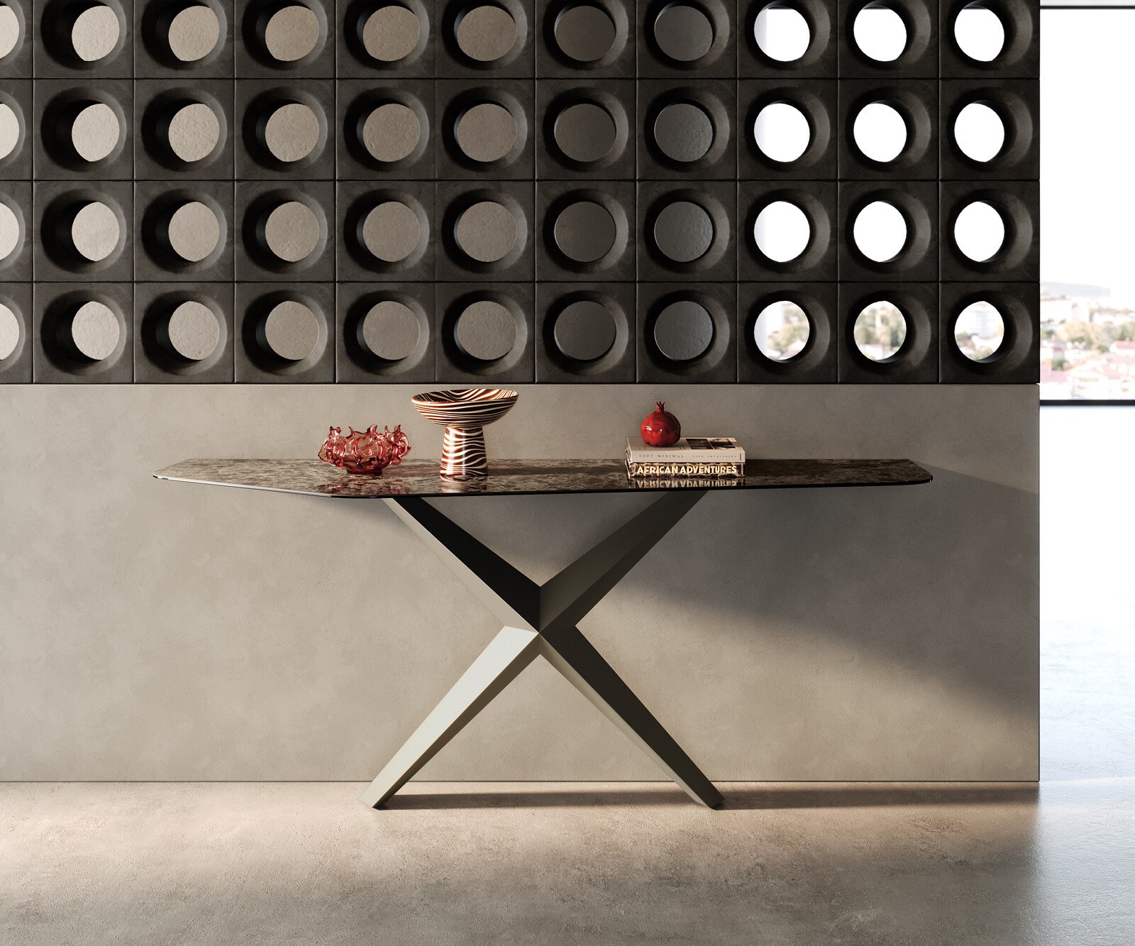 Console Edge Polygonal 180x50 cm Céramique Emperador Extra Lucidato Dunkelbraun Zentharo Métal Effektfinish Titan 3