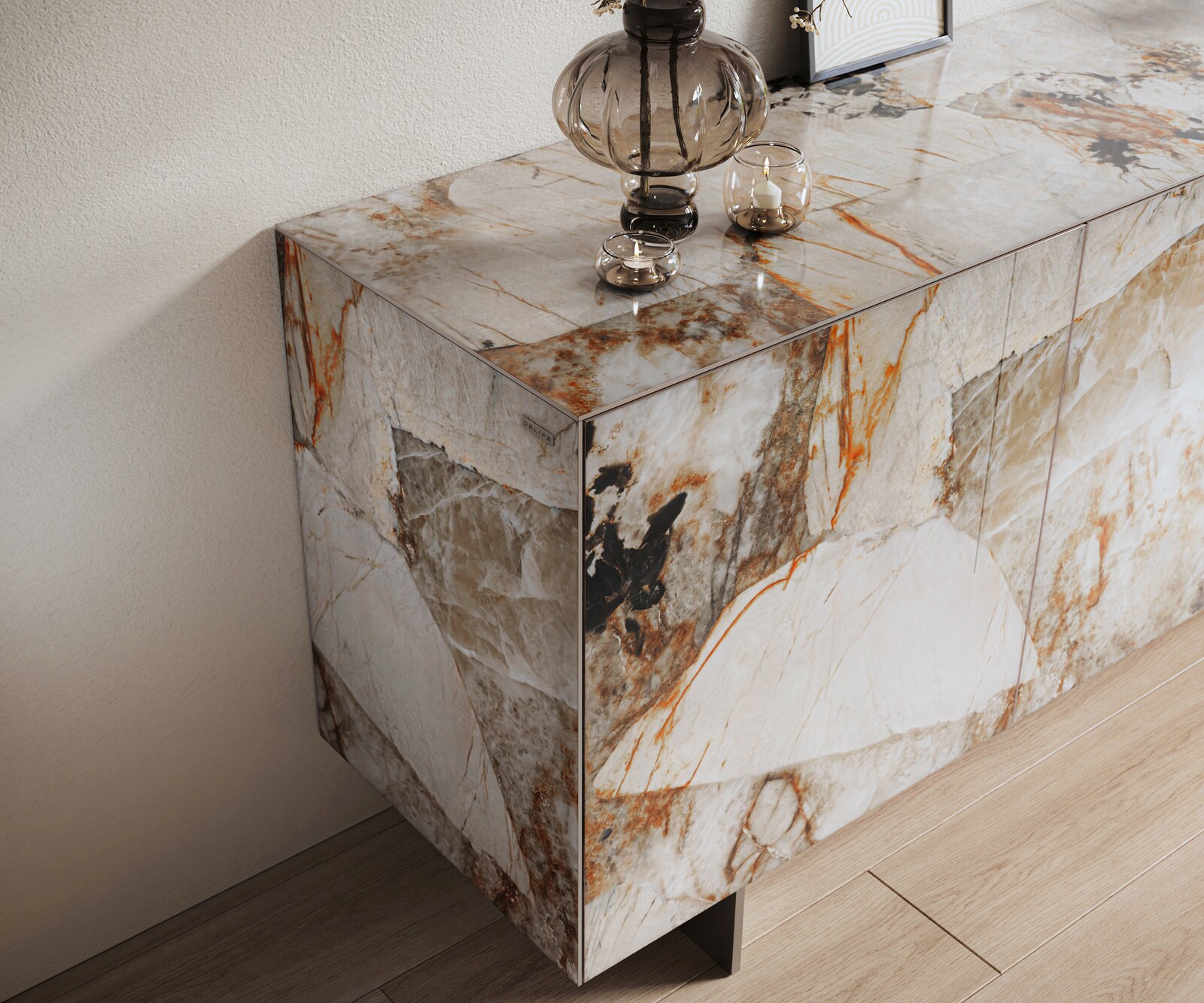 Buffet Cuor 180 cm Céramique Patagonia raffinée 2 Portes 3 Tiroirs Pied optique flottant Ancier inoxydable 6