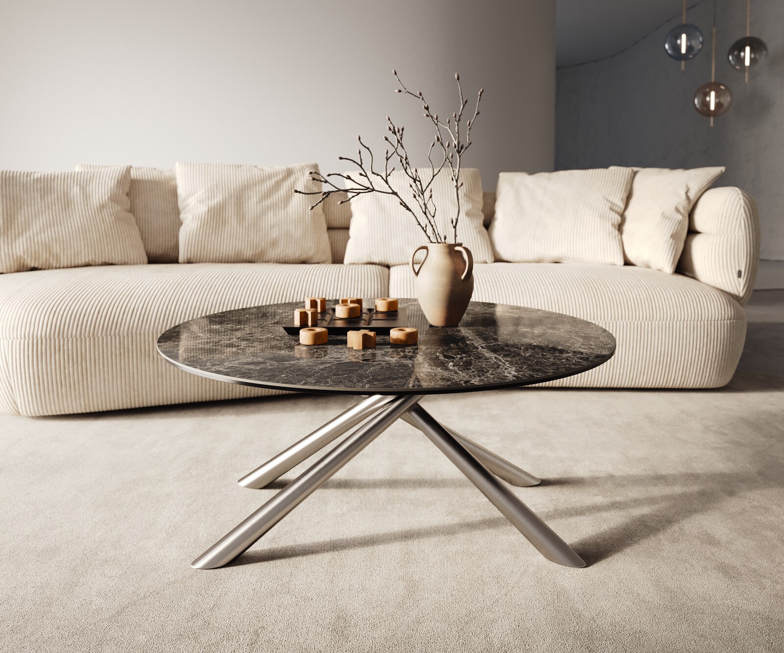 Couchtisch Edge Rund 90x90 cm Keramik Laminam® Emperador Extra Lucidato Dunkelbraun Sarity Edelstahl gebürstet 6