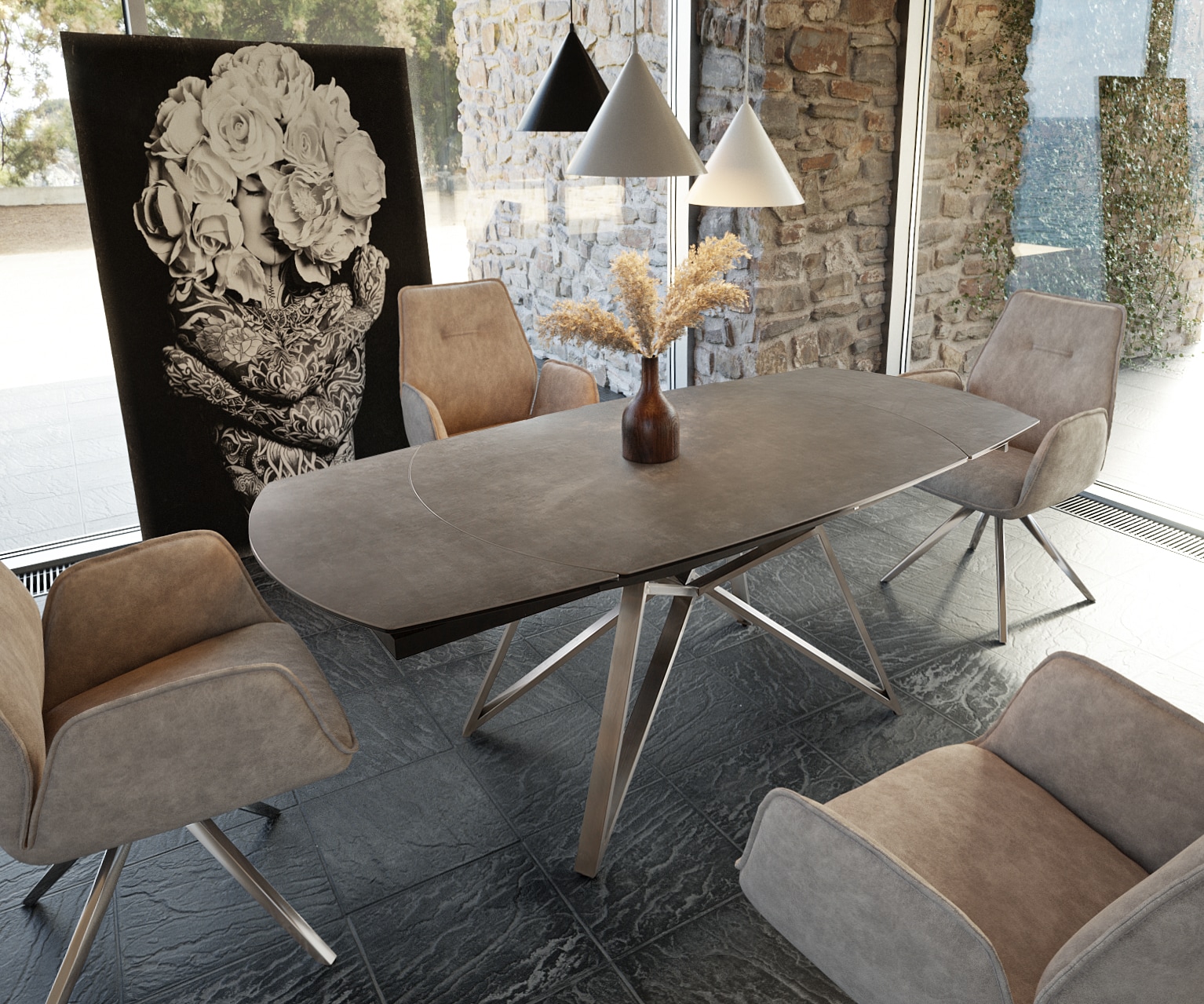 Esstisch Carlow 130/200x90 cm Keramik Grau Metall ausziehbar Esstisch Carlow 130/200x90 cm Keramik Grau Metall ausziehbar