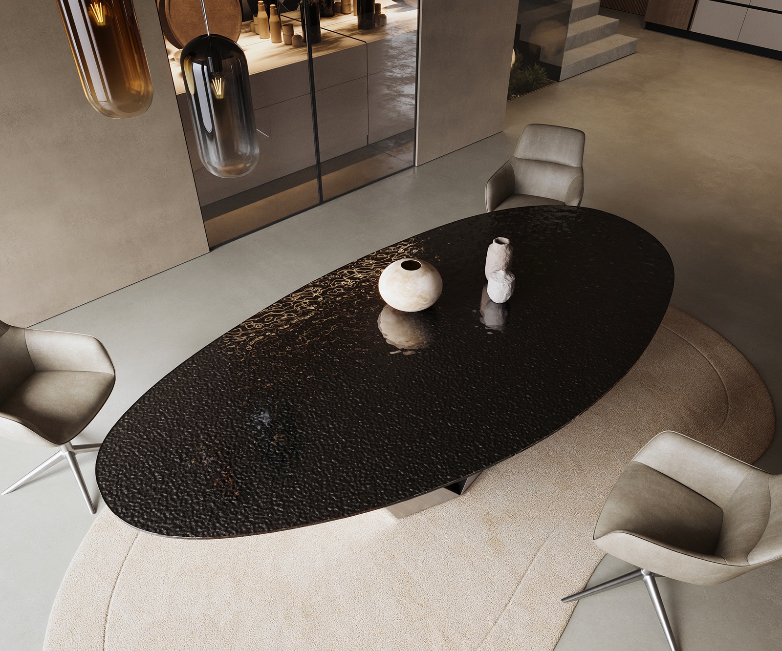 Esstisch Edge Oval 280x130 Reliefglas Rauchschwarz 3D-Design Prisma Metallic Silber 3 Esstisch Edge Oval 280x130 Reliefglas Rauchschwarz 3D-Design Prisma Metallic Silber 3