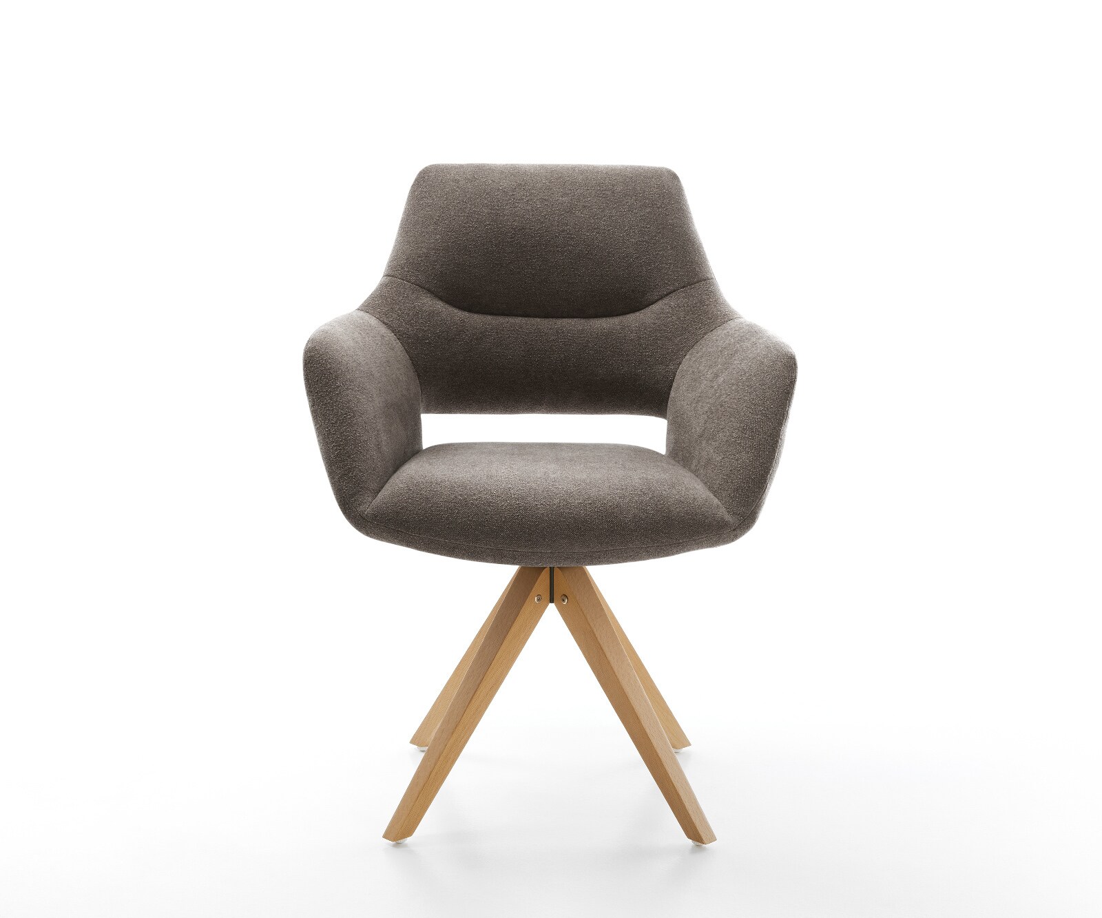 Chaise-pivotante Yago-Flex avec accoudoirs tissu structuré doux taupe pied en bois angulaire naturel pivotement sur 180° ressorts ensachés 2