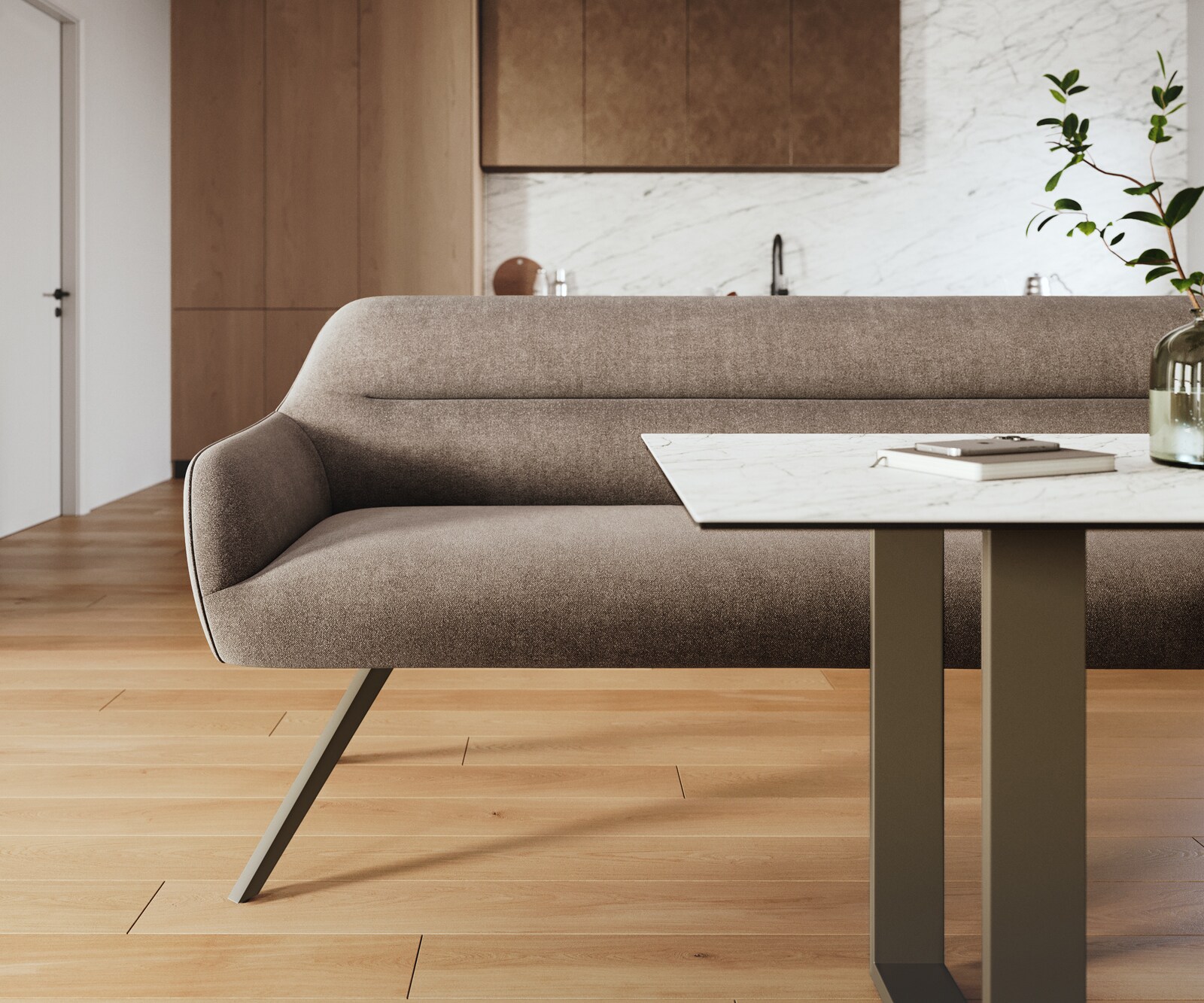 Banc-de-salle-à-manger Taya-Flex 200 cm tissu structuré doux taupe pied croisé angulaire titane ressort ensaché 2