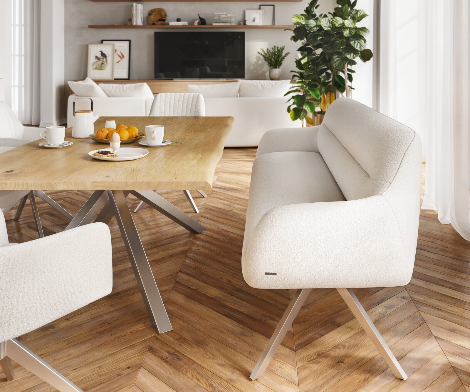 Esszimmerbank Taya-Flex 200 cm Bouclé Creme-Weiß Kreuzgestell kantig Edelstahl Taschenfederkern 1