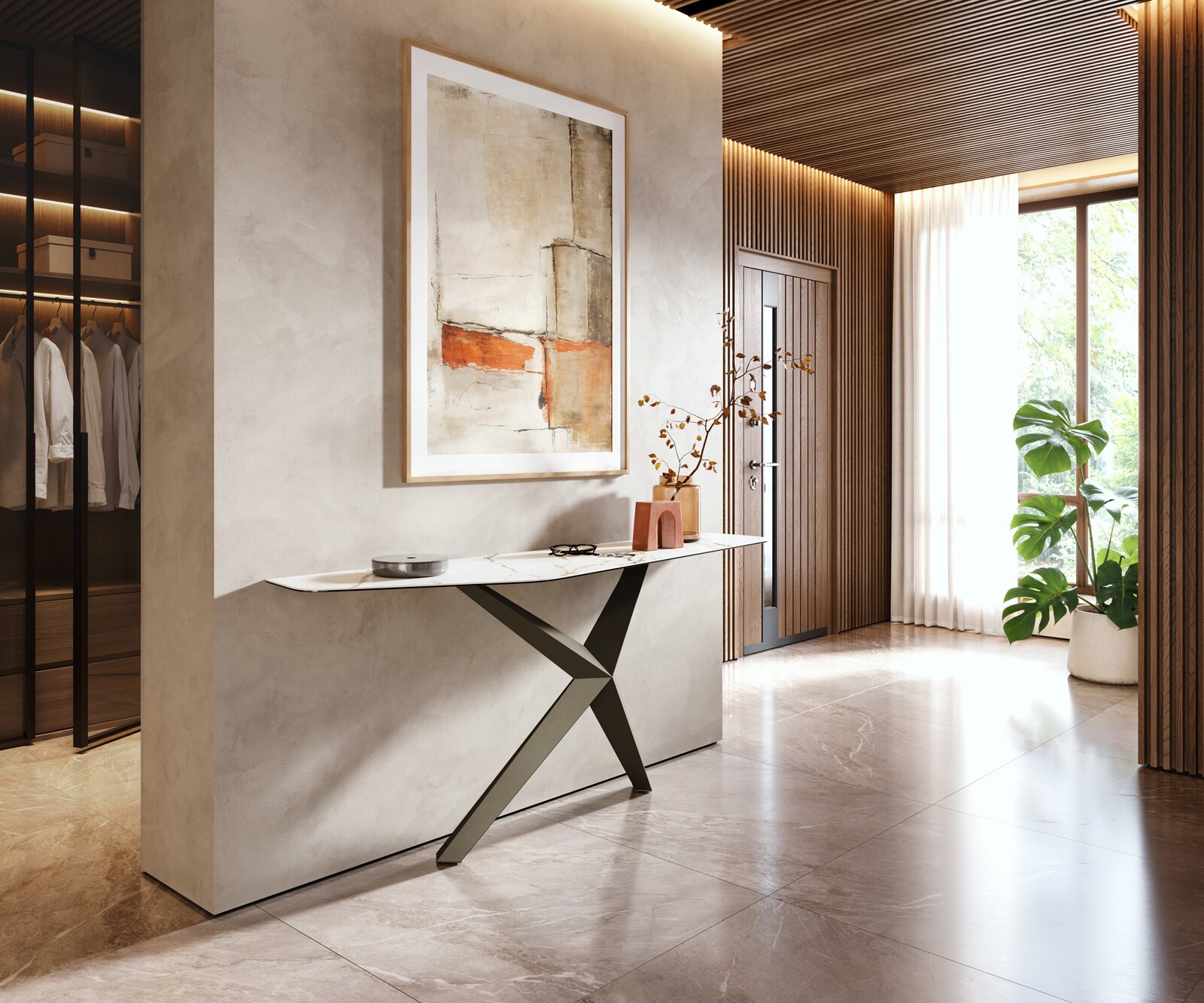 Konsolentisch Edge Polygonal 180x50 cm Keramik Calacatta Luxe Weiß-Gold-Grau Zentharo Metall Effektfinish Titan 6