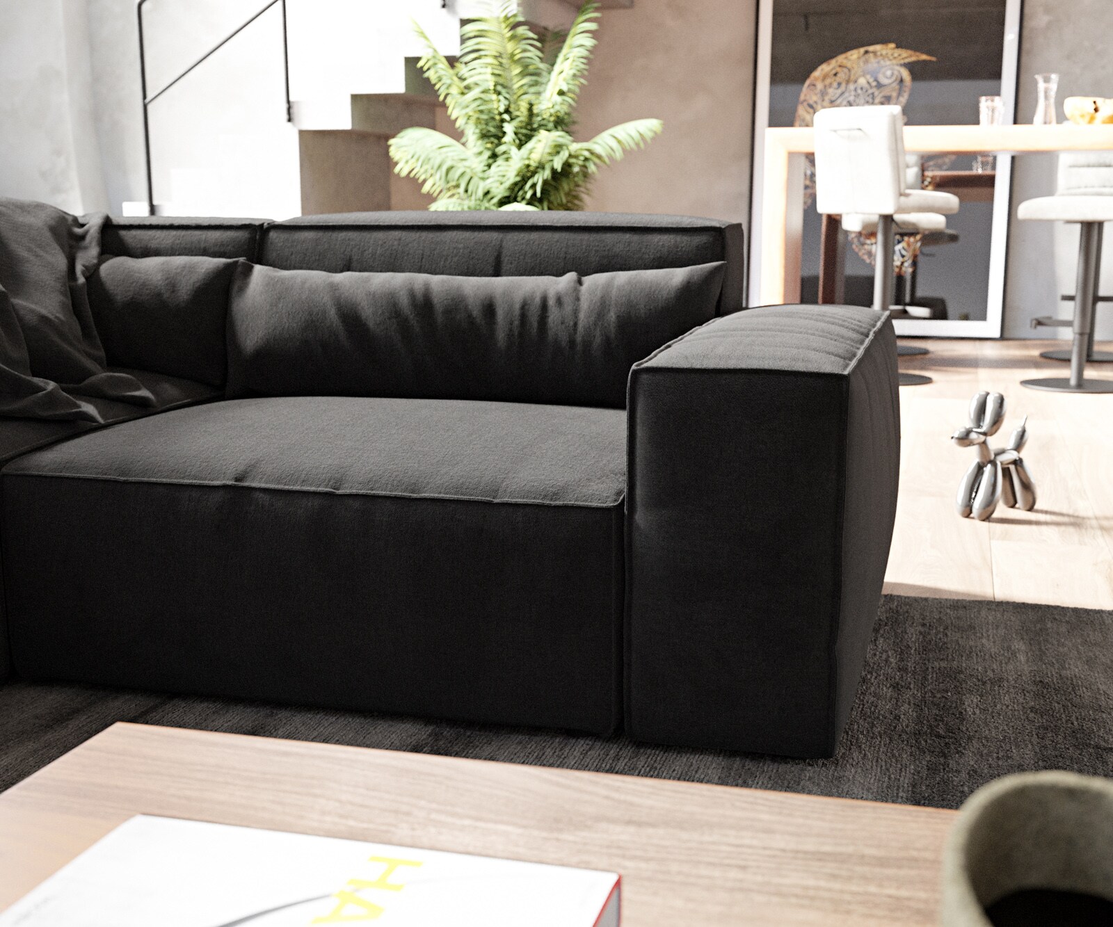 Wohnlandschaft Sirpio 300x200 cm Mikrofaser Schwarz Recamiere variabel mit Hocker 5