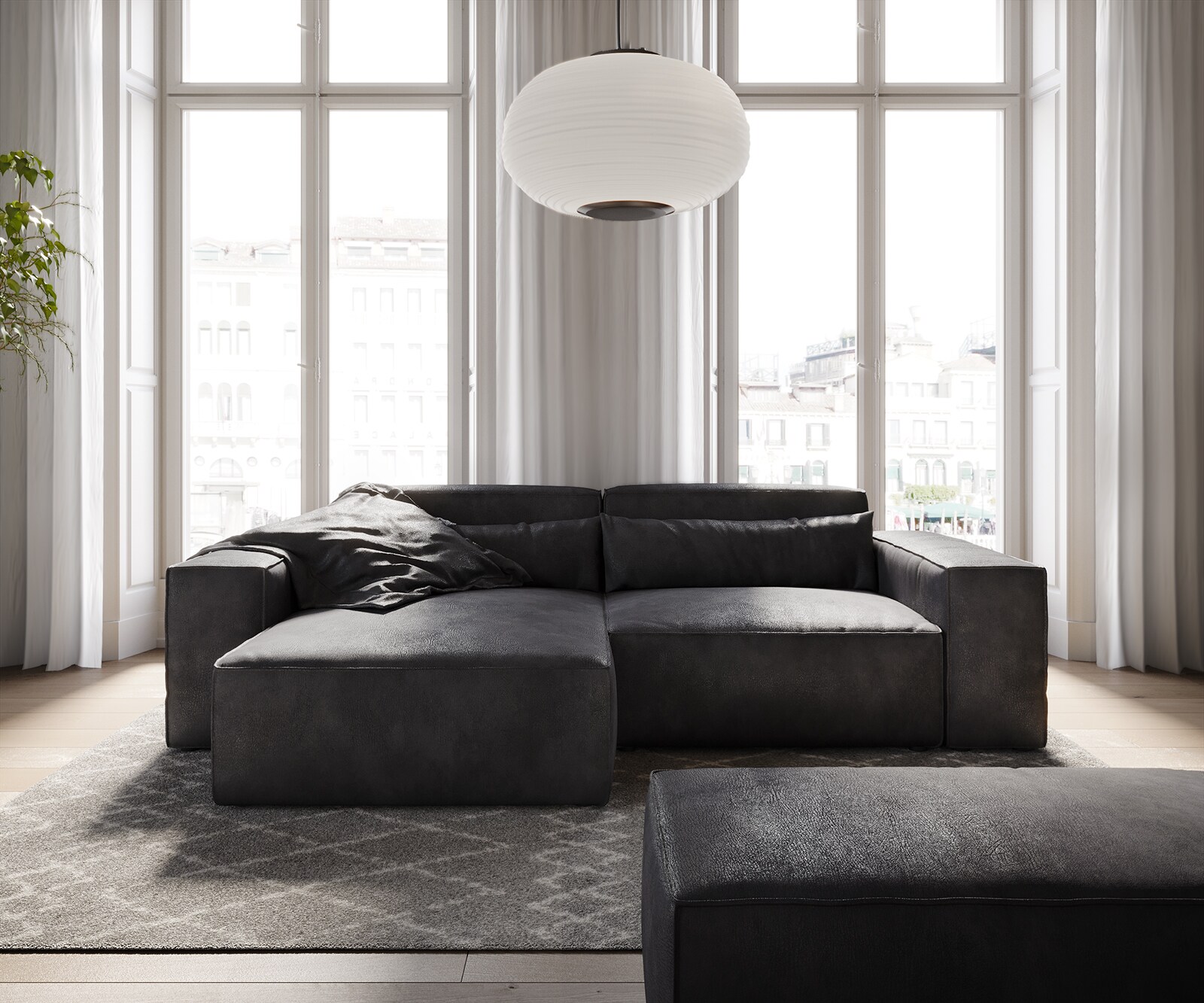 Ecksofa Sirpio 230x155 cm Lederimitat Vintage Anthrazit Recamiere variabel mit Hocker 1