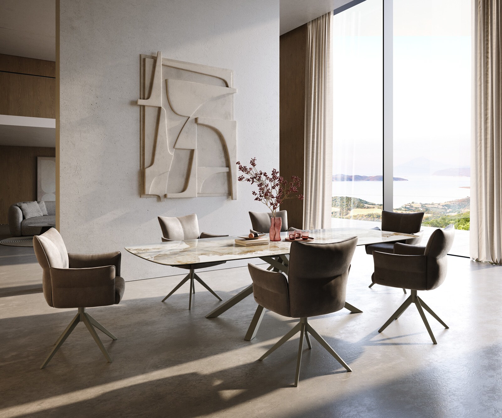 Esstisch Edge Boot 300x120 cm Keramik Minas Melange Weiß-Beige Kreuzgestell Rechteck Effektfinish Titan 5