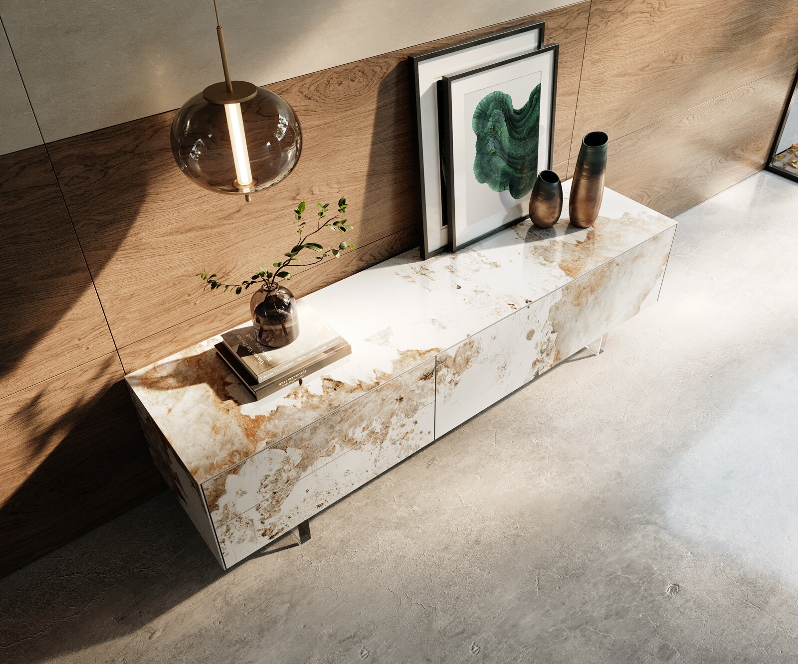 Meuble-TV Cuor 180 cm Céramique Minas Melange Blanc-beige 1 Clapet 2 Tiroirs Pied optique flottant Verre acrylique 4