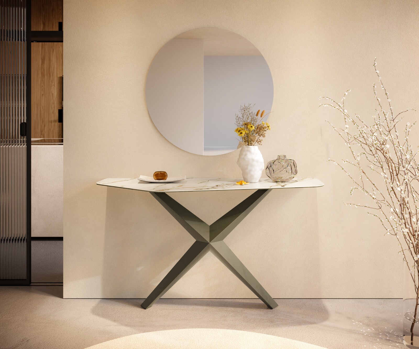 Console Edge Polygonal 140x50 cm Céramique Calacatta Luxe Weiß-Gold-Gris Zentharo Métal Effektfinish Titan 1