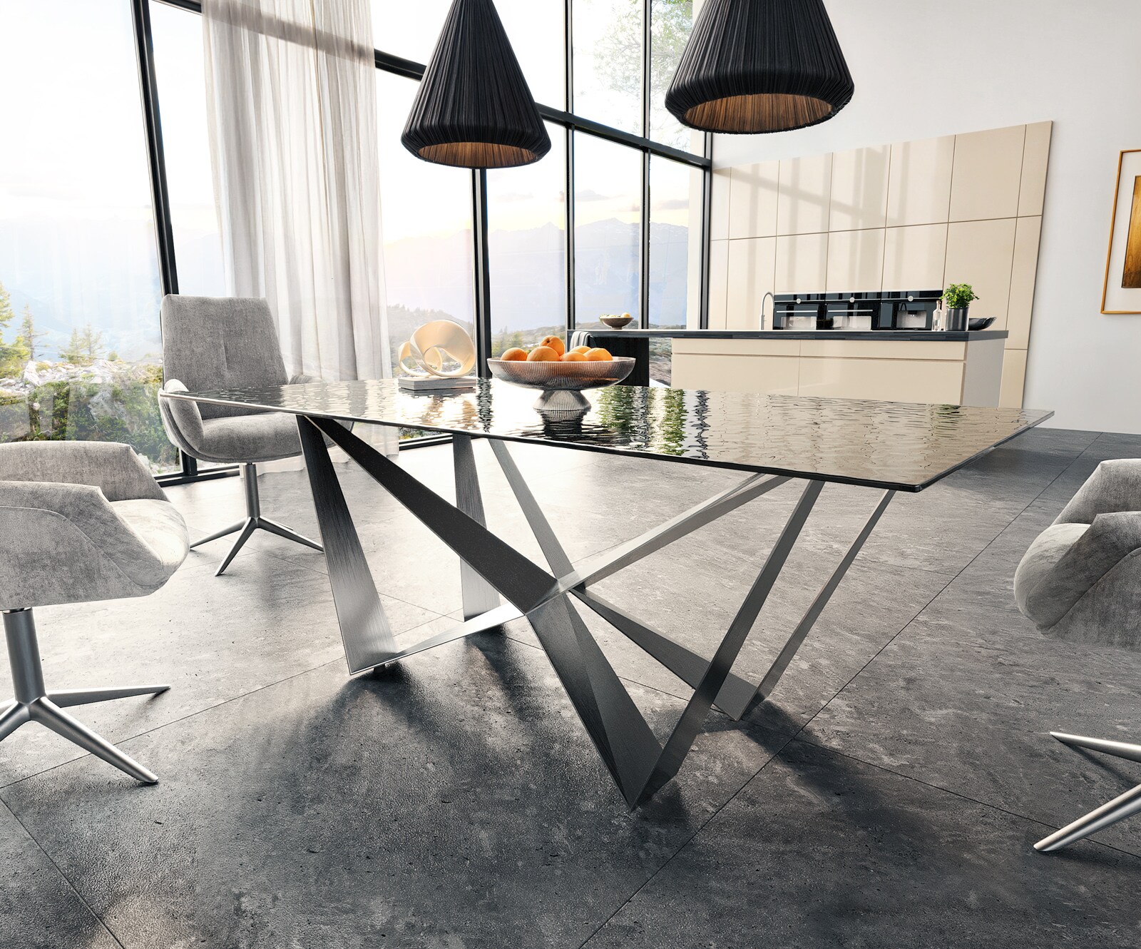 Table à manger Edge 200x100 verre fondu noir fumé relief en 3D Spider acier plat acier inoxydable 3