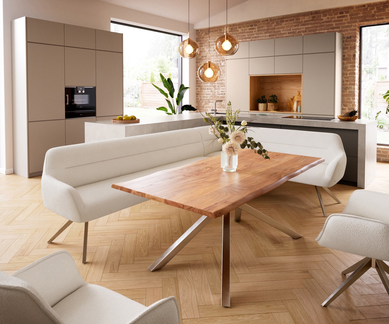 Banc-de-salle-à-manger Taya-Flex 285x190 cm bouclé crème-blanc pied croisé angulaire acier inoxydable ressort ensaché liens 1