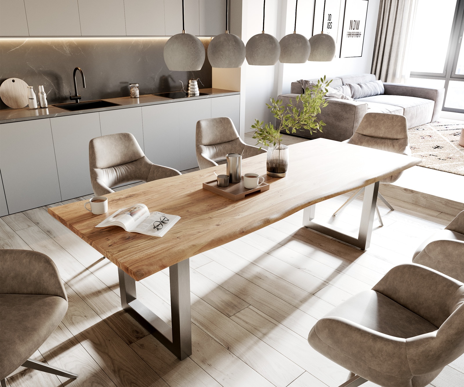 Esstisch Edge 260x100 Akazie Natur Edelstahl Breit Live-Edge 1