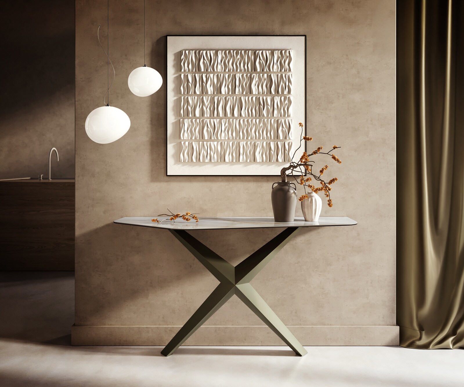 Konsolentisch Edge Polygonal 140x50 cm Keramik Onyx Pearl Zentharo Metall Effektfinish Titan