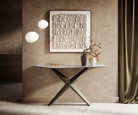 Konsolentisch Edge Polygonal 140x50 cm Keramik Onyx Pearl Zentharo Metall Effektfinish Titan