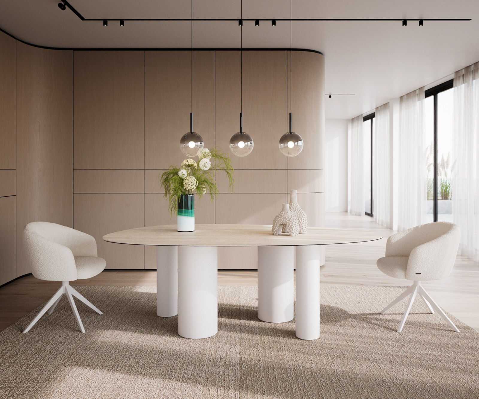 Table à manger Edge Ovale 220x120 Céramique Laminam®Travertino Bianco Crème-Blanc ​Pilier Métal Blanc 1