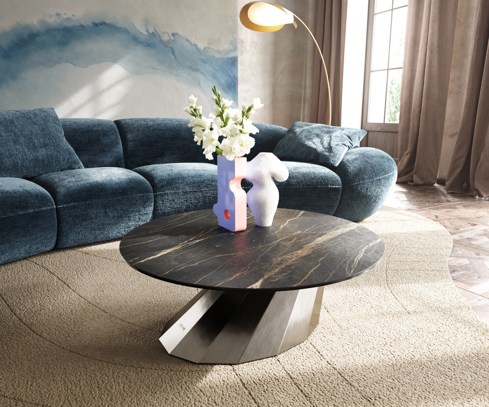 Table basse Edge rond 90x90 cm céramique Laminam® Noir Desir brun Parabi acier inoxydable brossé 5