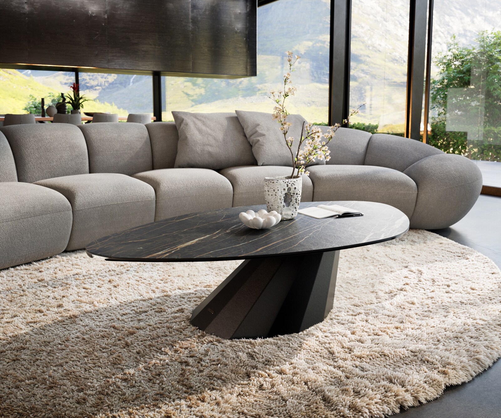 Table basse Edge Organique 140x76 cm céramique Laminam® Noir Desir brun Parabi métal noir